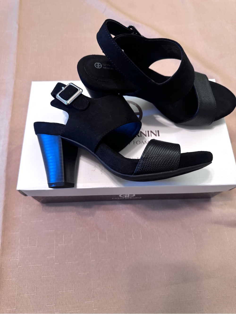 Giani Bernini Black Suede Block Heel Sandals w/ Memory foam. - Picture 7 of 11